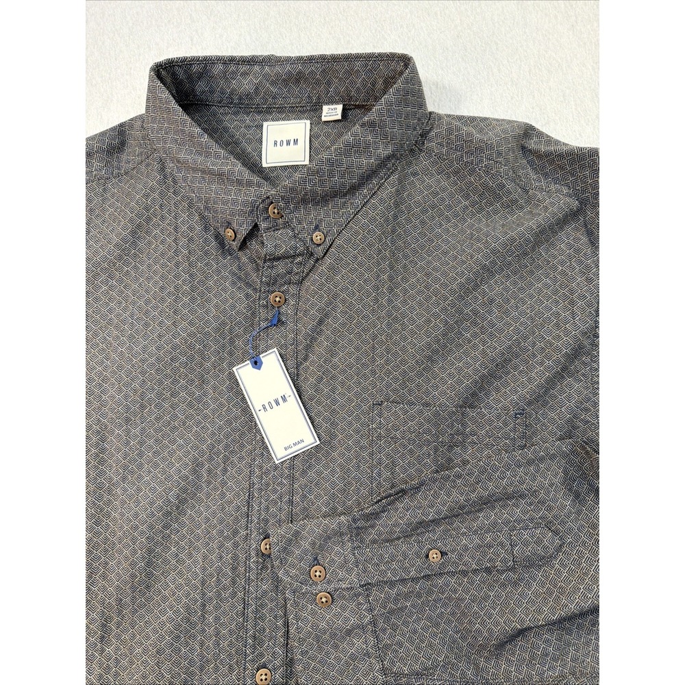 ROWM Gray Navy Blue Geometric Print Long Sleeve Button Down Shirt Mens 2XB NWT